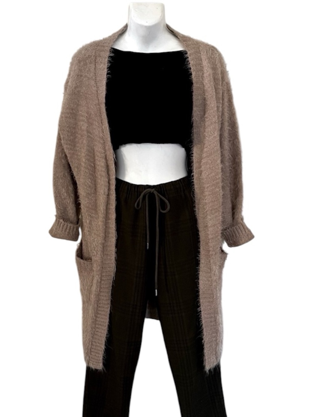 Love Tree Womens Fuzzy Coco Brown Mid Length Open Cardigan Sweater Sz M